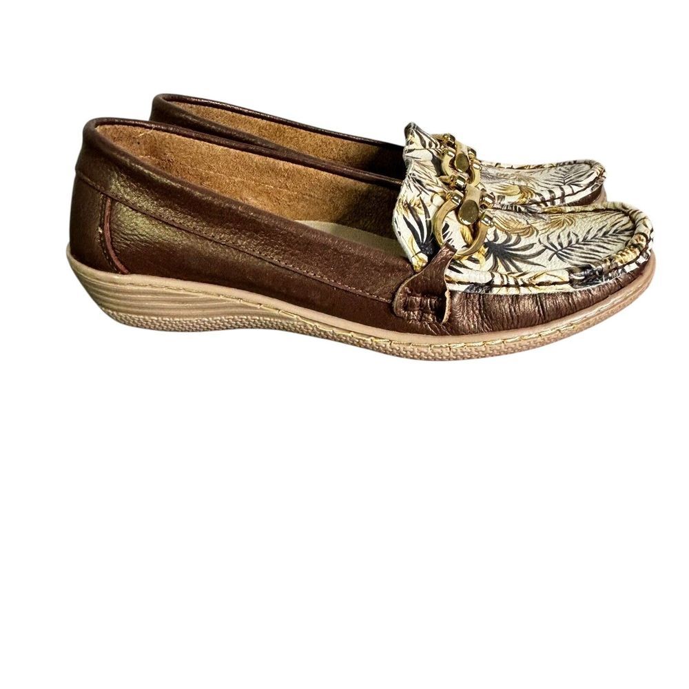 Calzado Shoes Womens Calzado Nueva Gacela SAS Size 6.5 Bronze Slip On Bit Leaves - Picture 3 of 10